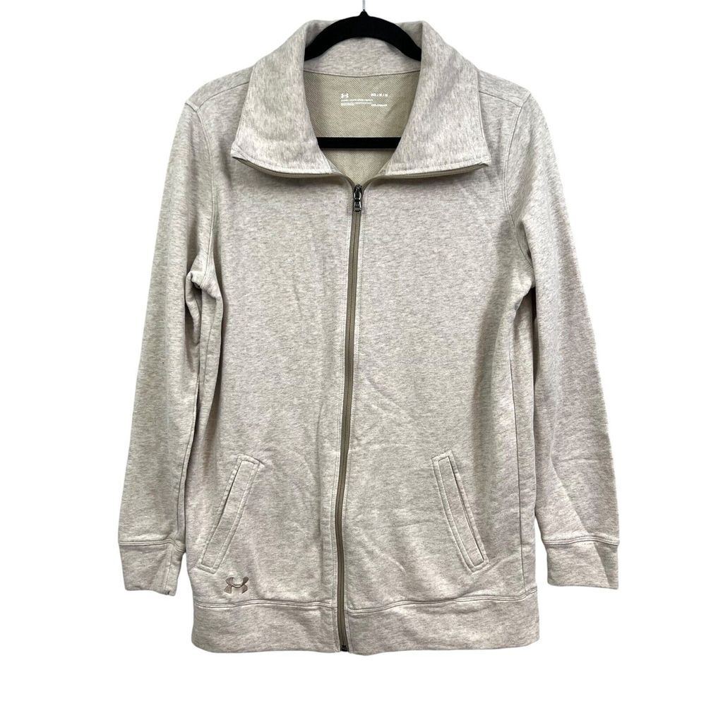 Under Armour Womens Cold Gear Loose Fit Sweater Mock Collar Full Zip Beige Sz M*